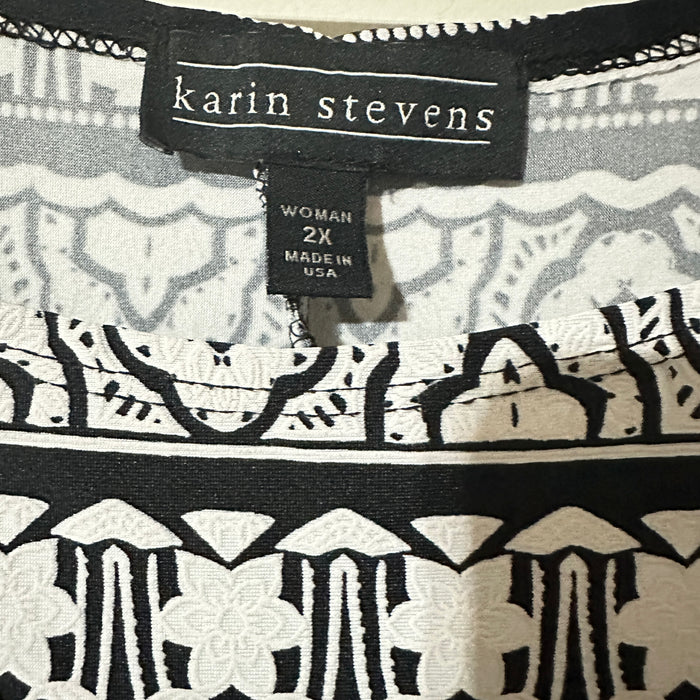 Pre - Loved Karin Steven’s Women’s Size 2 X Black and White Patterned Crew Neck MIDI Dress