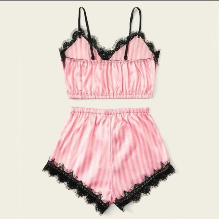 New Chic Noir Elegance: Black Lace & Pink Silk Lingerie Pajama Shorts Set - Size S