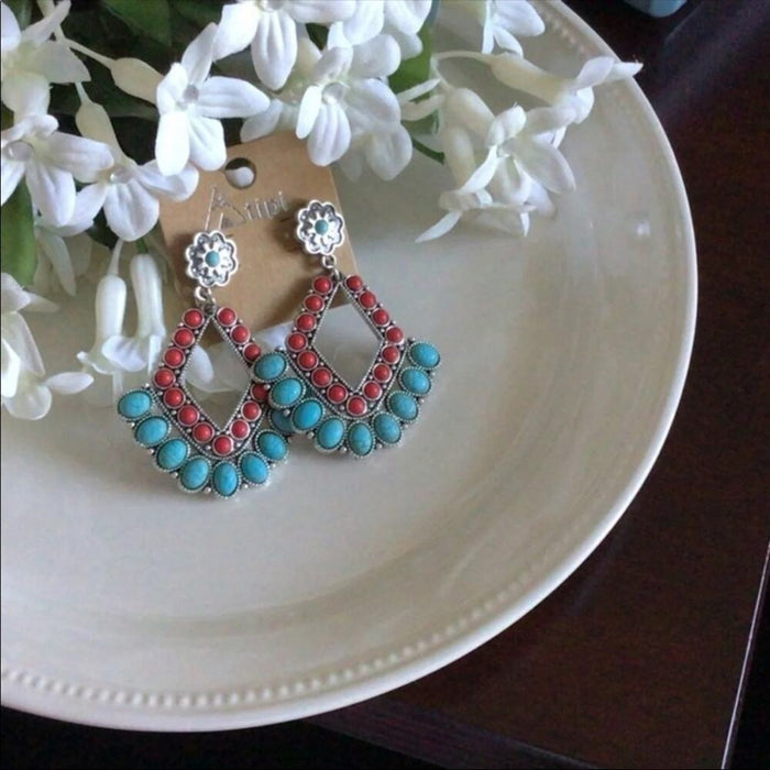 New Vintage Unique Red & Turquoise Multi Dangle Earrings