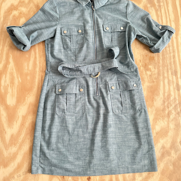 Pre - Loved Sharagano Petite Dress Shirt Size 14P Women’s Belted Chic Gray Zip-Up Dress
