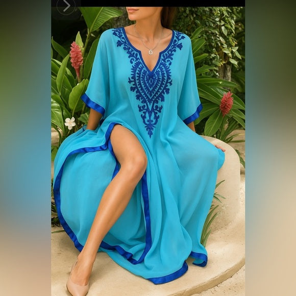 Boho Embroidery Ocean Caftan Coverup Maxi Dress ⭐️⭐️⭐️⭐️⭐️