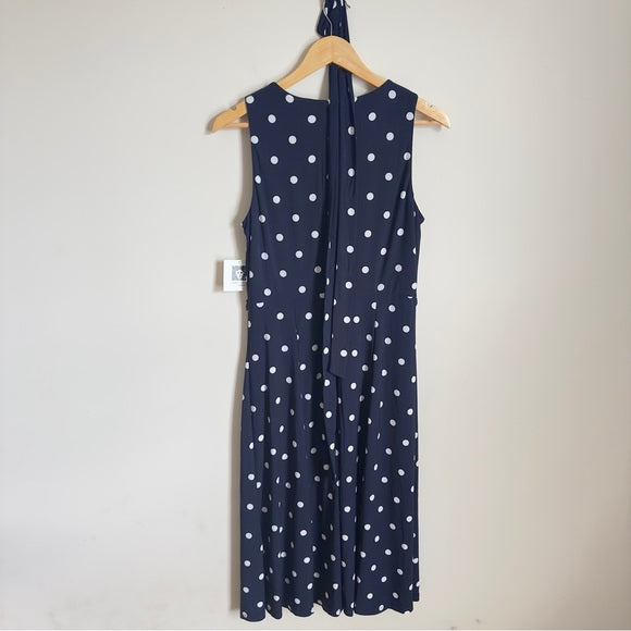 Anne Klein Navy/White Zipper Back Polka Dot Sleeveless Dress US 8