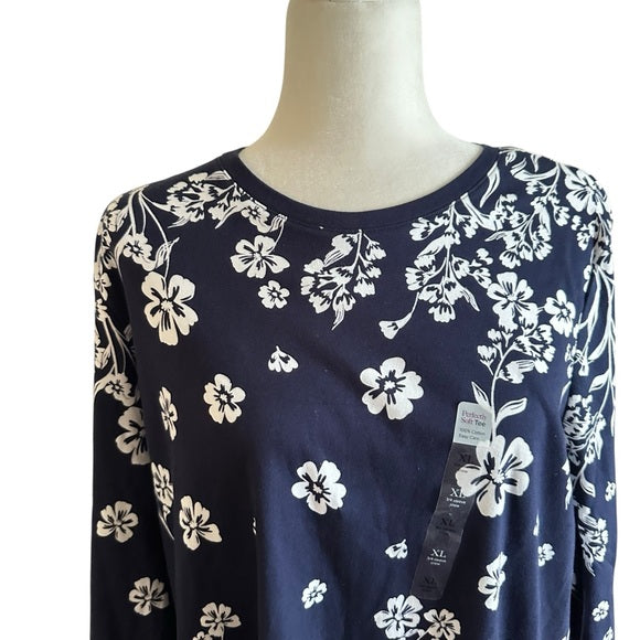 Kim Rogers  Soft Navy Floral Long Sleeve T-Shirt Women’s XL | 100% Cotton