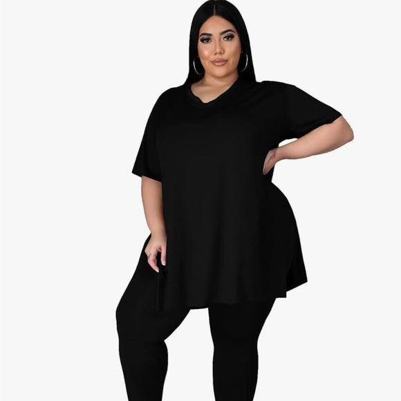 2PC Oversized Plus Size T-Shirt & Leggings Set Crew Neck - Solid Black (1XL–3XL)