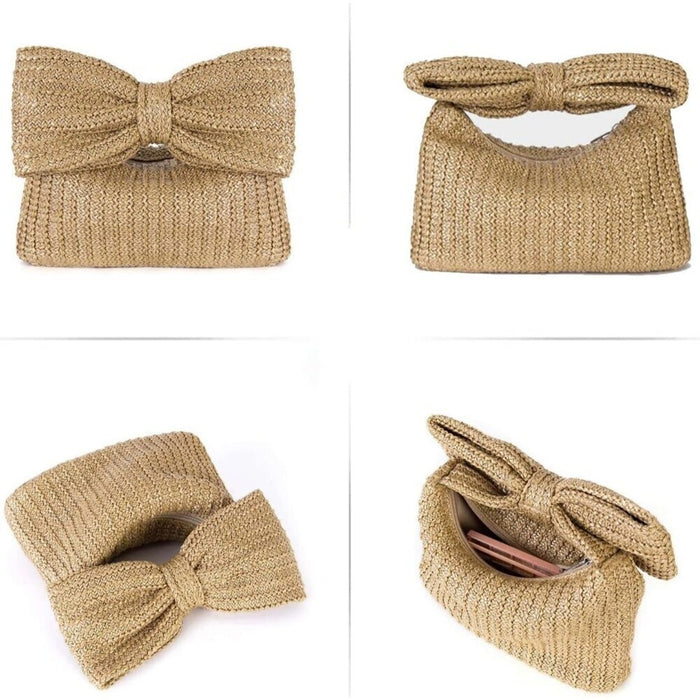 New Women Tan Straw Big Bow Clutch Beach Tote Woven Handbag