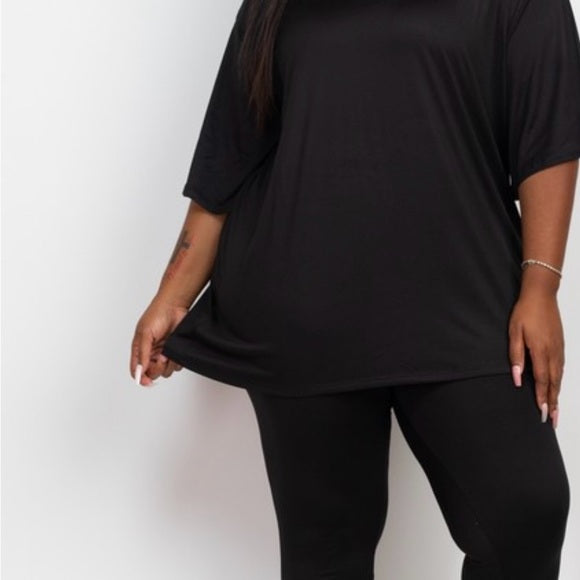 2PC Oversized Plus Size T-Shirt & Leggings Set Crew Neck - Solid Black (1XL–3XL)