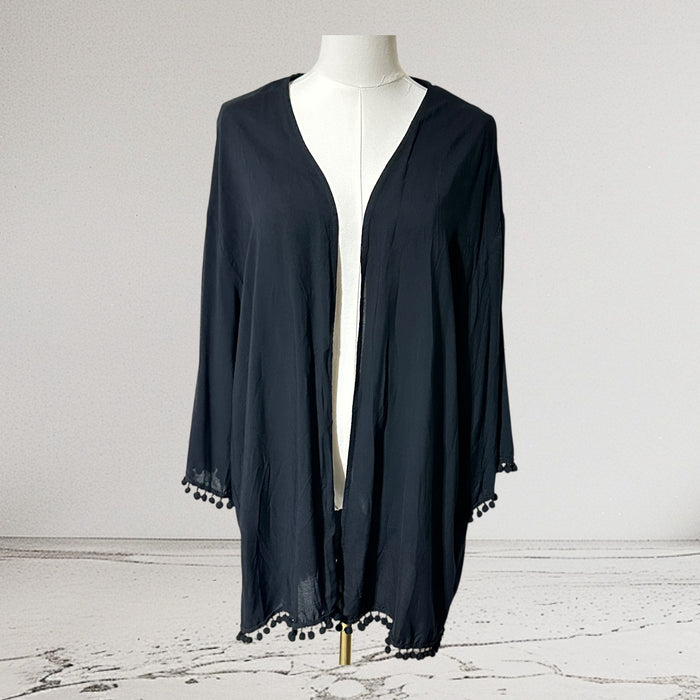 Kimono Black Open Front Cardigan with Pom Pom Trim