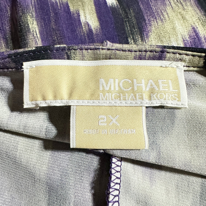 Pre - Loved Michael Kors Women’s Wrap Size 2X 3/4 V Neck MIDI Purple and Cream Dress