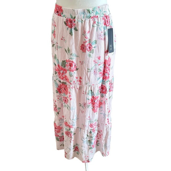 AGB White Floral Maxi Women’s Lining Lightweight Elastic Waist Skirt – Size L