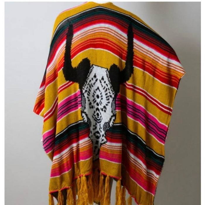 New Boho Bull Skull Serape Stripe Poncho Muiticolor Mustard