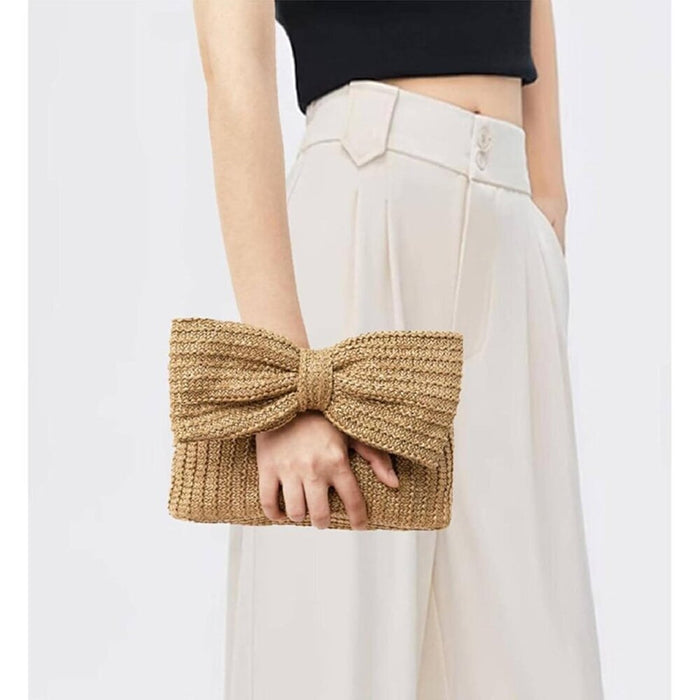 New Women Tan Straw Big Bow Clutch Beach Tote Woven Handbag