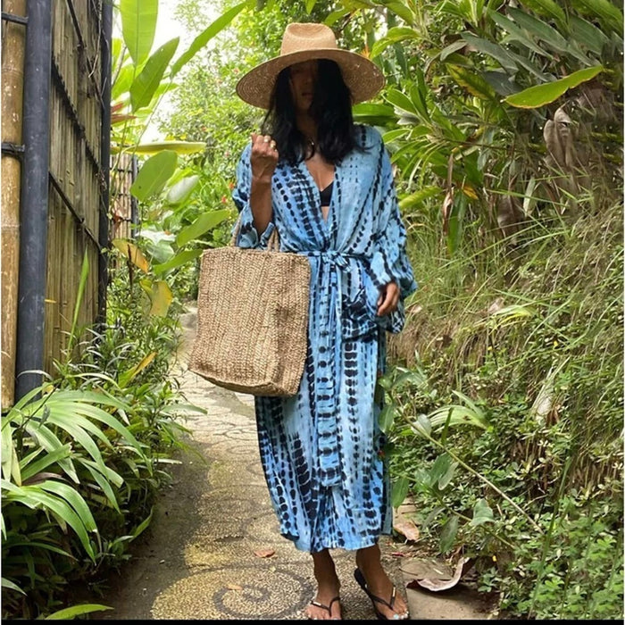 New Bohemian Tie Dye Blue Beach Swim Coverup Maxi Duster Front Tie Flowy Omb…