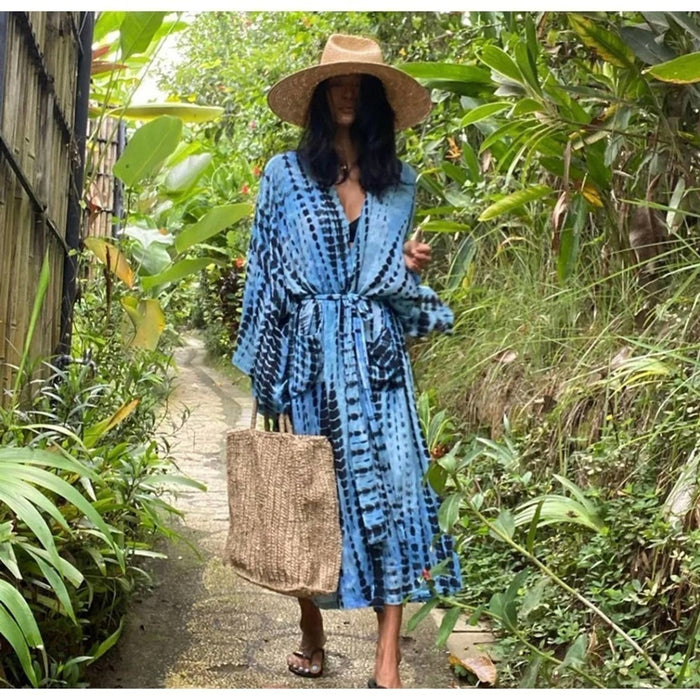 New Bohemian Tie Dye Blue Beach Swim Coverup Maxi Duster Front Tie Flowy Omb…