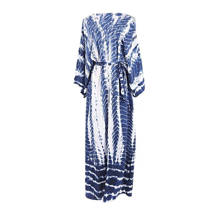 New Bohemian Tie Dye Blue Beach Swim Coverup Maxi Duster Front Tie Flowy Omb…