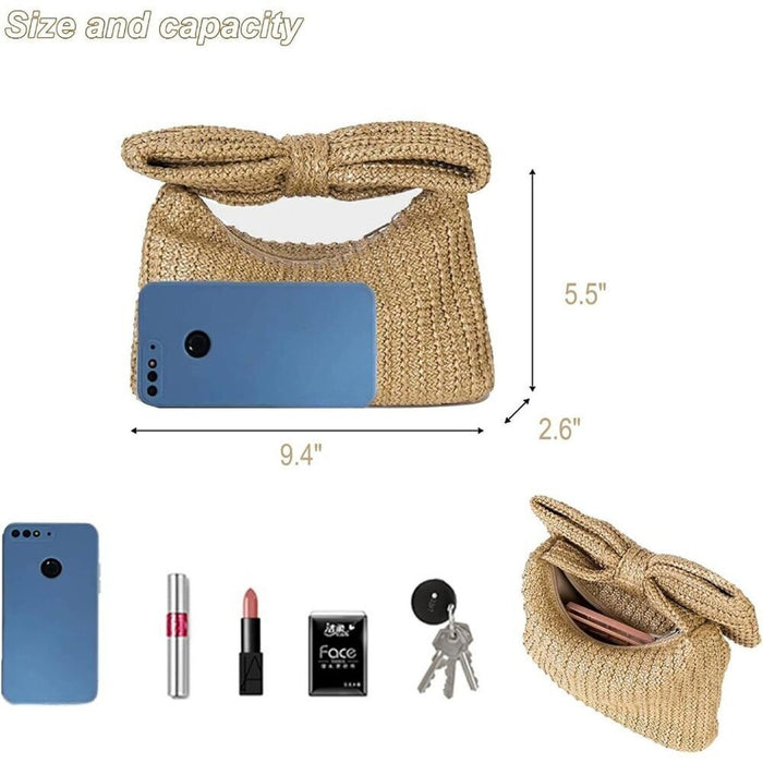 New Women Tan Straw Big Bow Clutch Beach Tote Woven Handbag