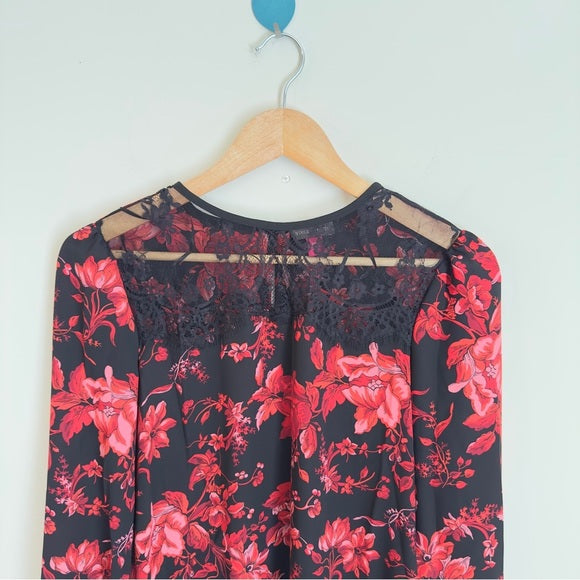 Vince Camuto Women’ Summer Lace Insert Long Floral Lightweight Lace Yoke Blouse