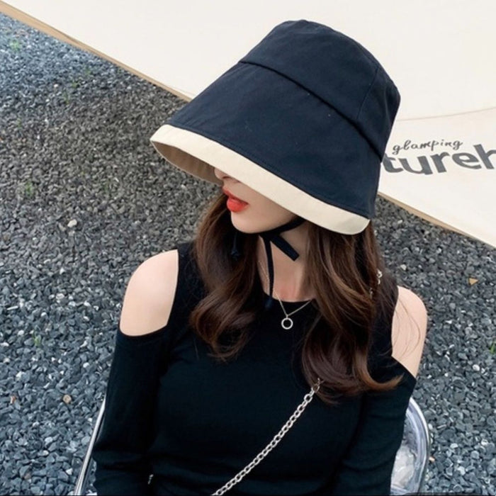 Panacheprose Wide Rim Bucket Hat In Black with Beige trim And Strap chin to hold on …