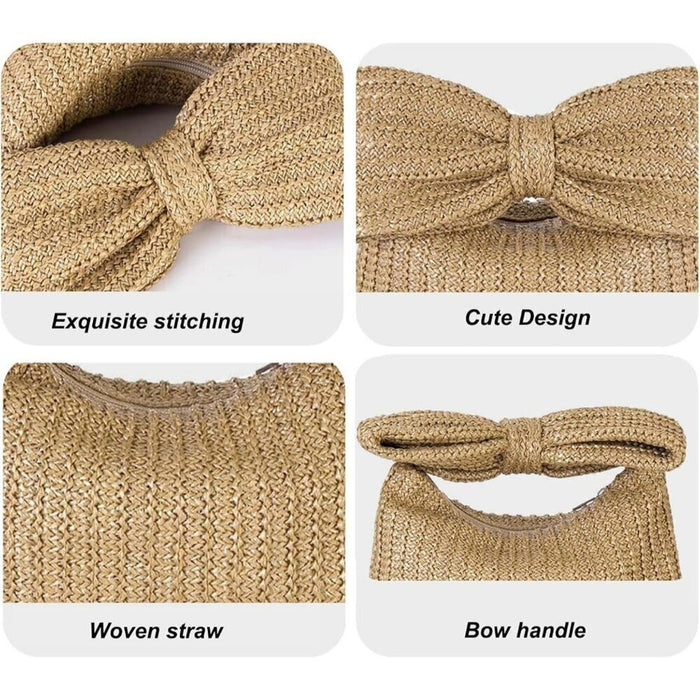 New Women Tan Straw Big Bow Clutch Beach Tote Woven Handbag