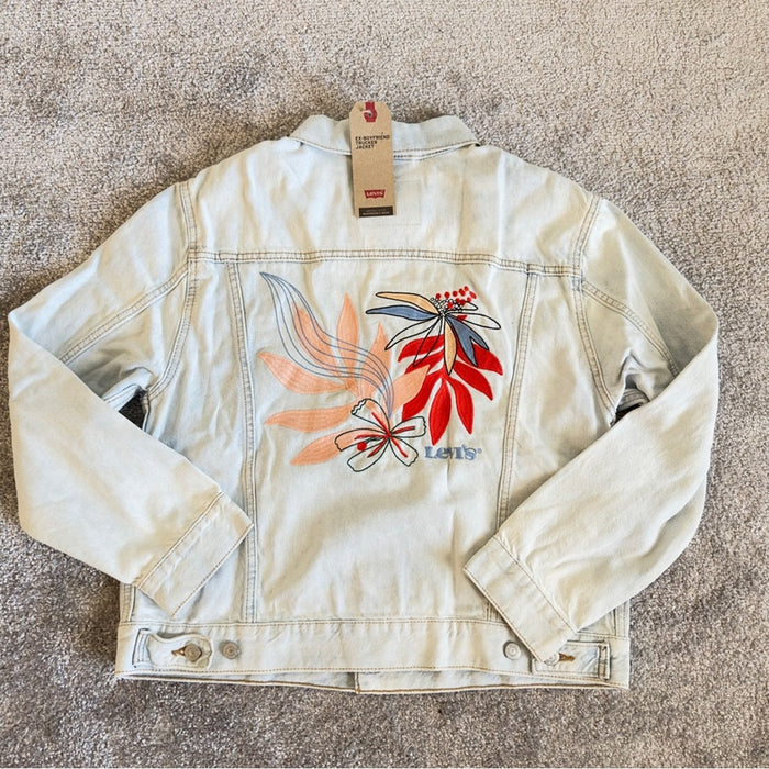 PanacheProse Levi’s Ex-Boyfriend Trucker Denim Jacket Size L with Floral Embroidered Back.L