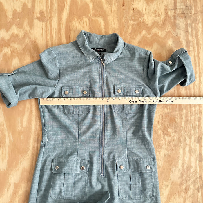 Pre - Loved Sharagano Petite Dress Shirt Size 14P Women’s Belted Chic Gray Zip-Up Dress
