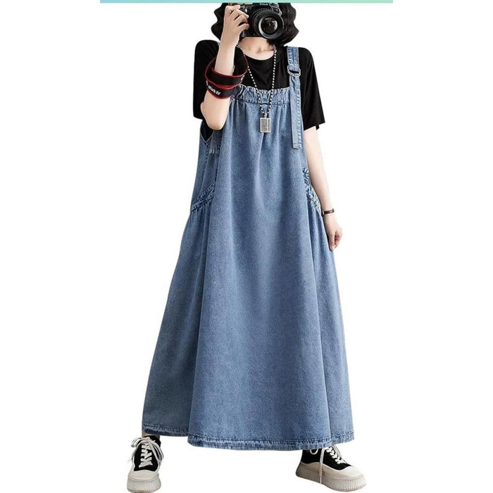 New Boho Women Pinafore Dress Sleeveless Blue Long Dress Size M &L