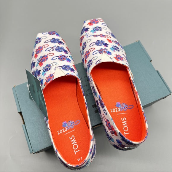 NWT Toms Women’s US Size 7 Floral  Butterfly Canvas Flats Vibrant Orange