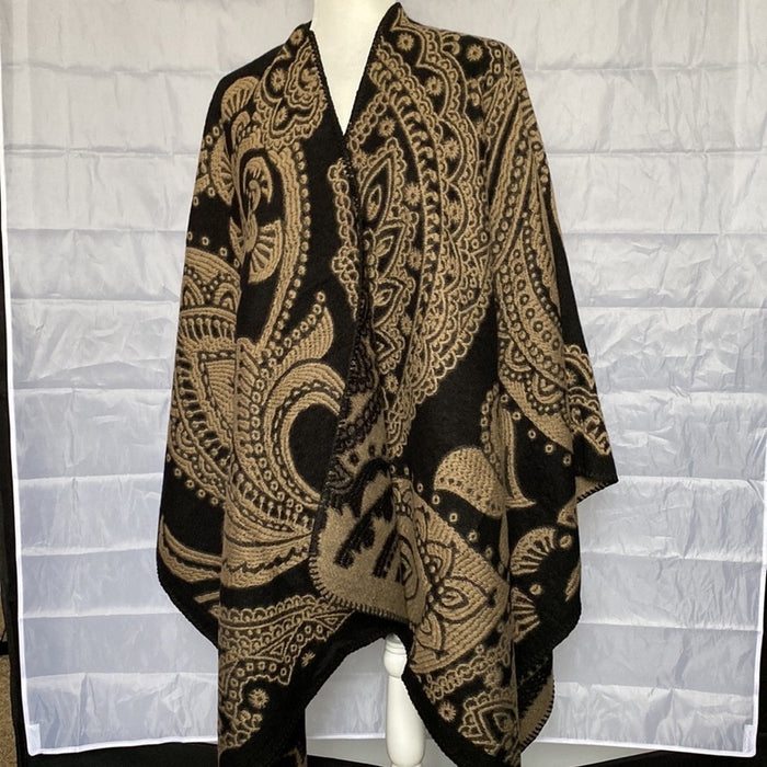 NEW! Coverup  Jacquard Poncho Reversible Brown Black Cute Super Soft Styl…