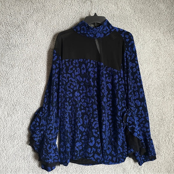 Pre - Loved Ashley Stewart Elegant Blue Leopard Print Women's Blouse