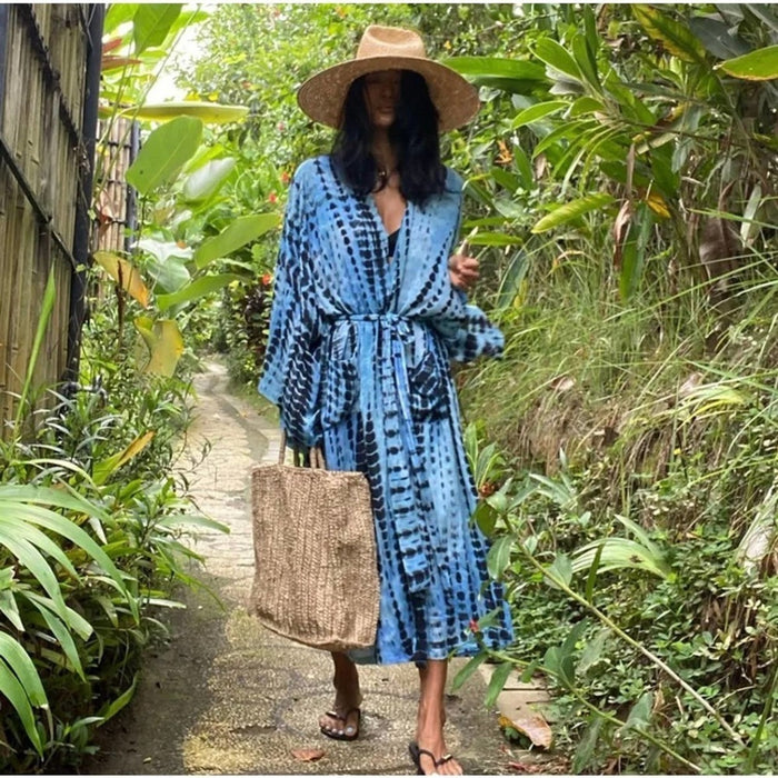 New Bohemian Tie Dye Blue Beach Swim Coverup Maxi Duster Front Tie Flowy Omb…
