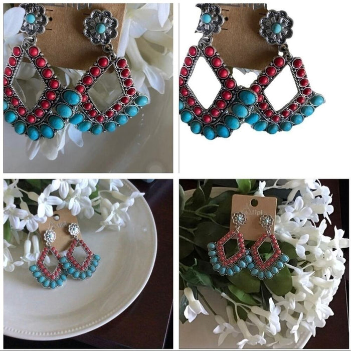 New Vintage Unique Red & Turquoise Multi Dangle Earrings