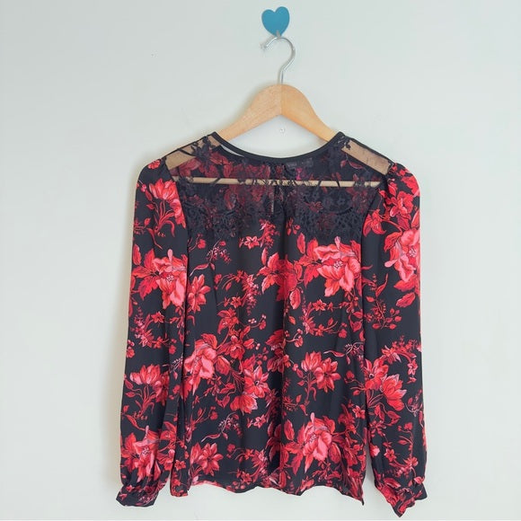 Vince Camuto Women’ Summer Lace Insert Long Floral Lightweight Lace Yoke Blouse