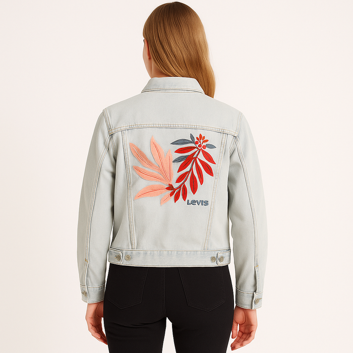 PanacheProse Levi’s Ex-Boyfriend Trucker Denim Jacket Size L with Floral Embroidered Back.L