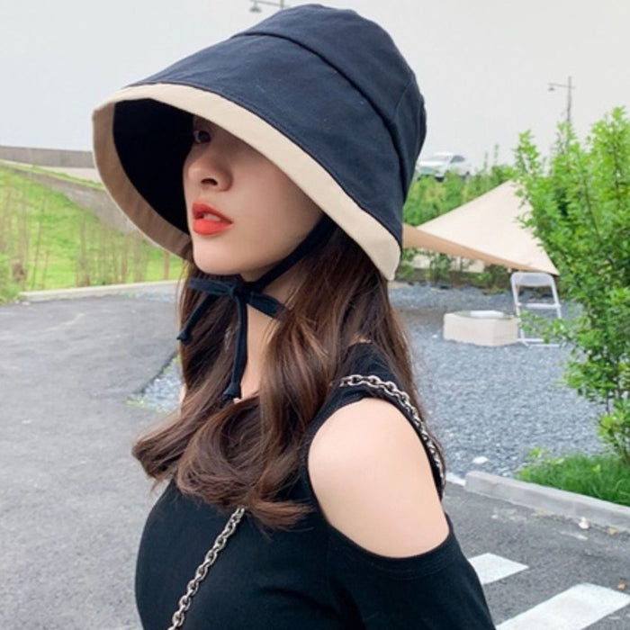 New Wide Rim Bucket Hat In Black with Beige  trim And Strap chin to hold on …