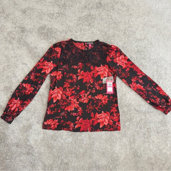 Vince Camuto Women’ Summer Lace Insert Long Floral Lightweight Lace Yoke Blouse