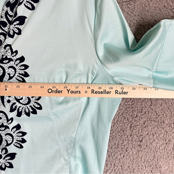 Pre - Loved New York & Company Aqua and Black Embroidered Women's Blouse