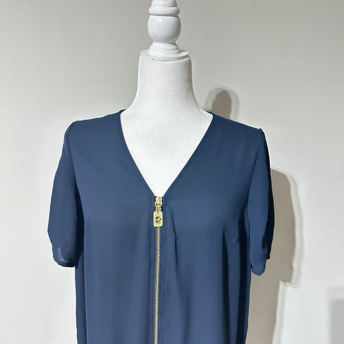 Pre - Loved Michael Kors Navy Zip-Front Blouse – Size Small | 18” Bust, V-Neck