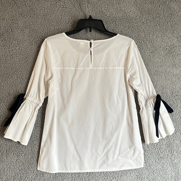 Pre - Loved J. Crew 100% Cotton White Women's Blouse with Black Accents