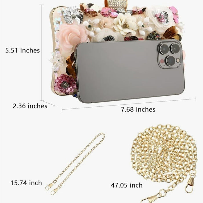New Colorful Floral Evening Clutch – Rhinestone-Embellished Handbag (Ship Today)