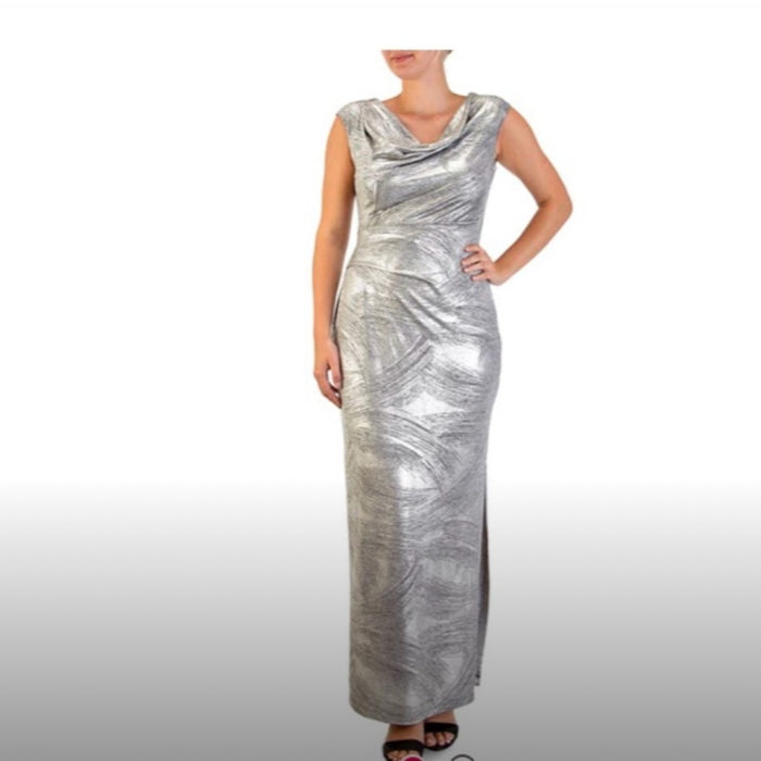 Connected Apparel Women’s Rushed Metallic Cap Sleeve Cowl Neck Dress"Size 8