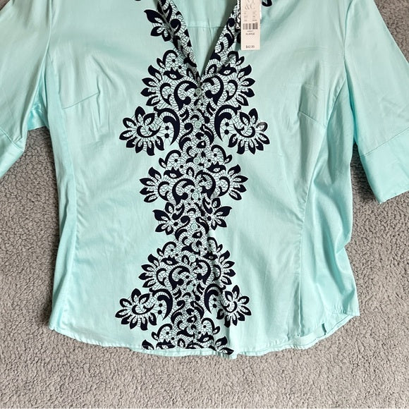 Pre - Loved New York & Company Aqua and Black Embroidered Women's Blouse