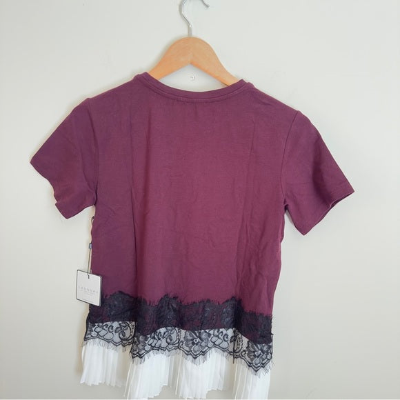 Laundry by Shelli Segal Women’s Short Sleeve Lace Insert Pleated T-Shirt Size XS