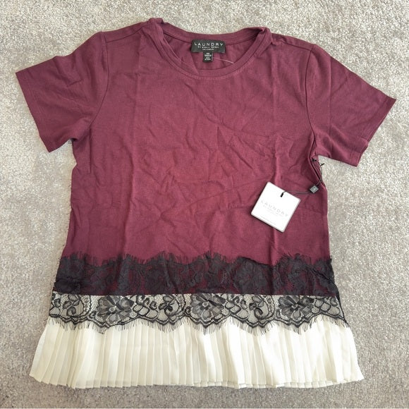 Laundry by Shelli Segal Women’s Short Sleeve Lace Insert Pleated T-Shirt Size XS