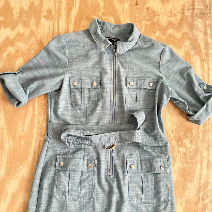 Pre - Loved Sharagano Petite Dress Shirt Size 14P Women’s Belted Chic Gray Zip-Up Dress