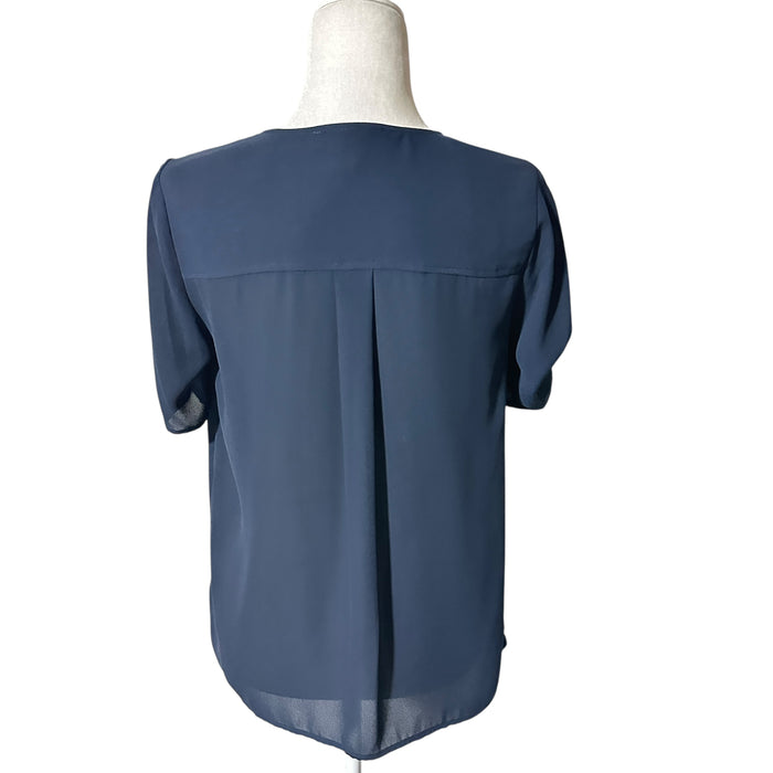 Pre - Loved Michael Kors Navy Zip-Front Blouse – Size Small | 18” Bust, V-Neck