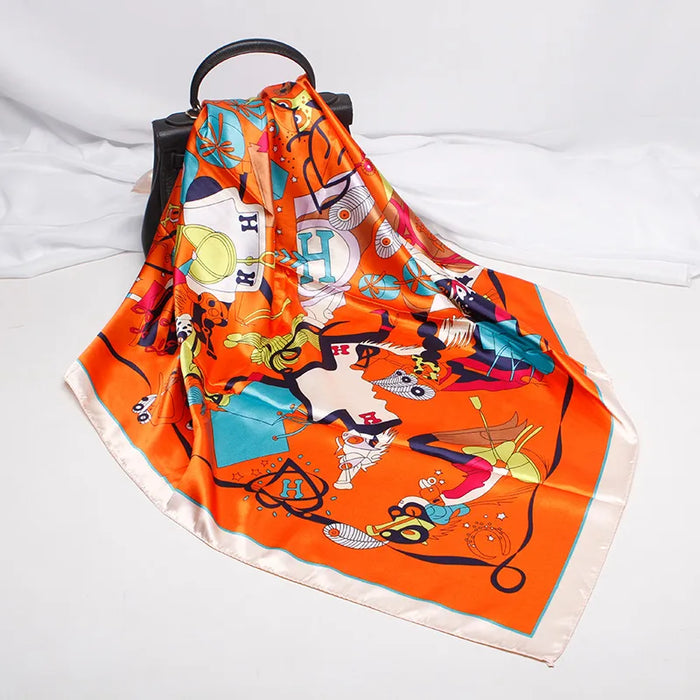 Women’s Cartoon Print Silk Scarf – Fashion Imitation Mulberry Satin Wrap for All Seasons