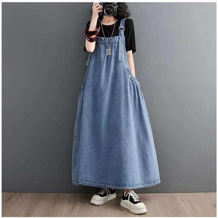 New Boho Women Pinafore Dress Sleeveless Blue Long Dress Size M &L