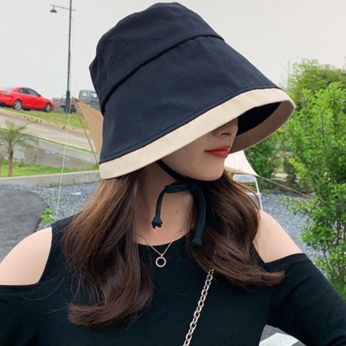 New Wide Rim Bucket Hat In Black with Beige  trim And Strap chin to hold on …