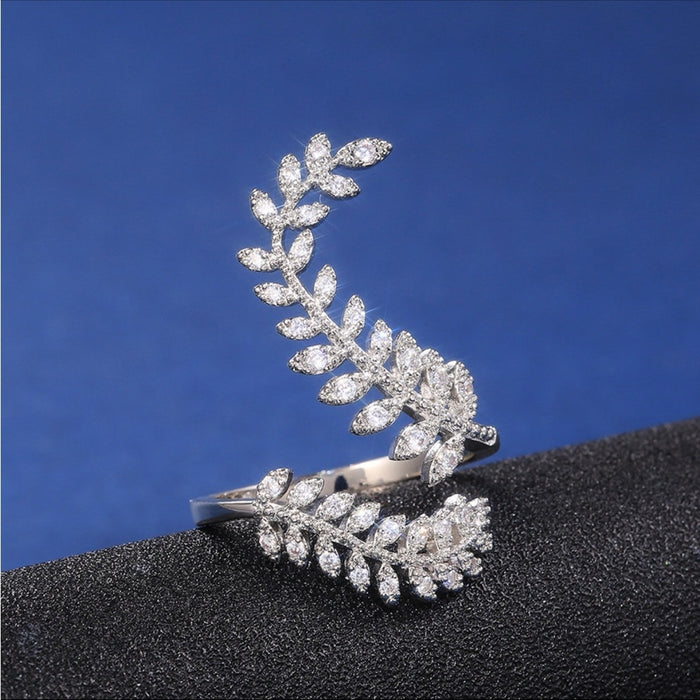 New Elegant Ladies Zircon Ring – Silver Leaves Design in Copper Jewelry”
