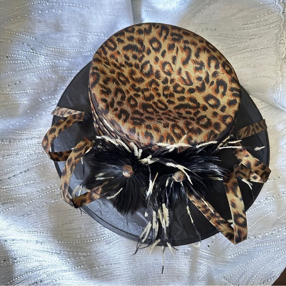 Pre -Loved Vintage Leopard Print Mini Hat by August Accessories – Feather Trim
