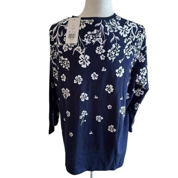 Kim Rogers  Soft Navy Floral Long Sleeve T-Shirt Women’s XL | 100% Cotton